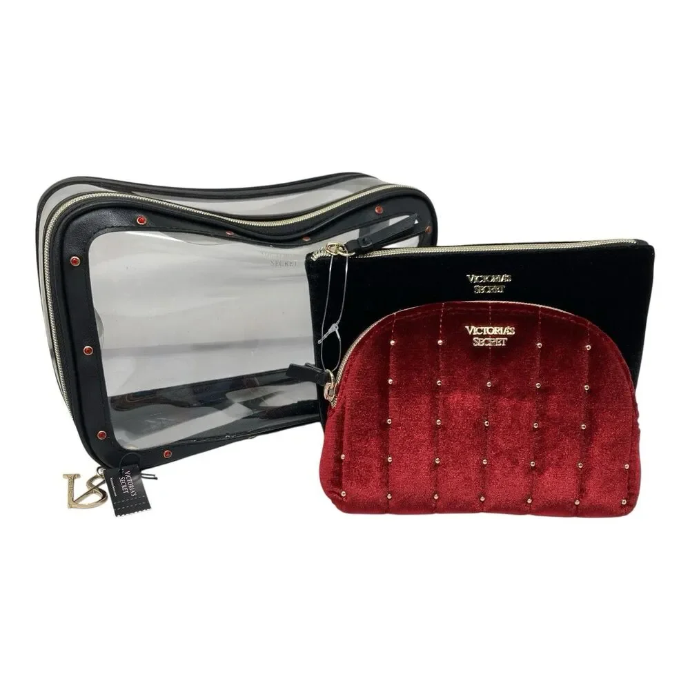 Victorias Secret Makeup Bag Set Velvet Cosmetic Pouches Clear Travel Case Glam